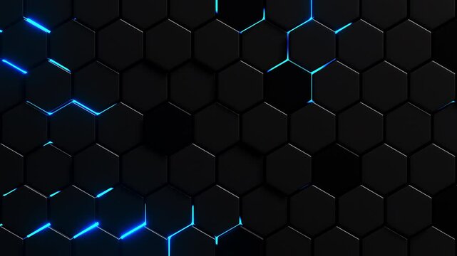 Moving hexagons illuminated in blue light. Infinitely looped animation