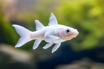 Fototapeta premium White goldfish swimming aquarium plants background, pet, poster