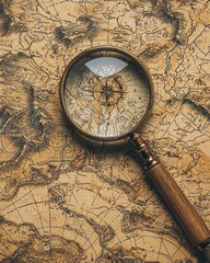 Fototapeta na wymiar Vintage study room photography exploring historical maps with a magnifying glass