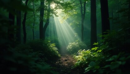 Obraz premium Sunlight Streaming Through Trees on Forest Path with Green Foliage