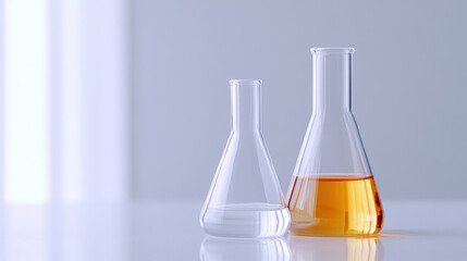 Laboratory Experiment: A close-up view of two glass beakers, one filled with clear liquid and the other with a vibrant golden solution, set against a sleek, minimalist background.  