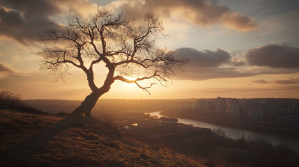 A photo of an old, leafless tree on the side of a hill overlooking a valley at sunrise
