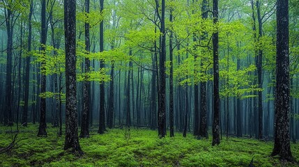 Obraz premium Lush green forest with tall trees and vibrant foliage, creating a serene and tranquil atmosphere
