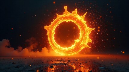 Fiery Orb of Light, Glowing Ring of Energy, Mystical Circle of Embers, Abstract Fire Design, with Sparks and Smoke on Dark Background