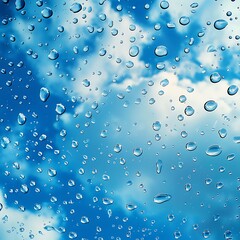 Water drops on glass with blue sky background
