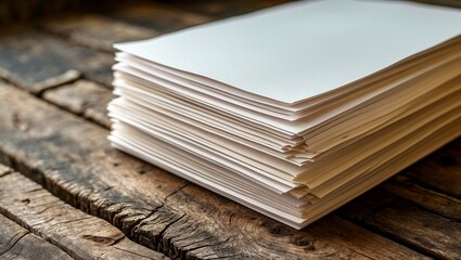 Neatly stacked blank papers on rustic wooden table