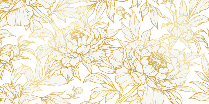 Gold floral line art pattern with golden Chinese Peony flowers. Luxury background with a bouquet of flowers, branches, leaves. Vector illustration with elegant vintage botanical decorative elements