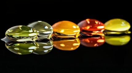 A group of translucent oil blobs on a dark surface with colorful reflections.