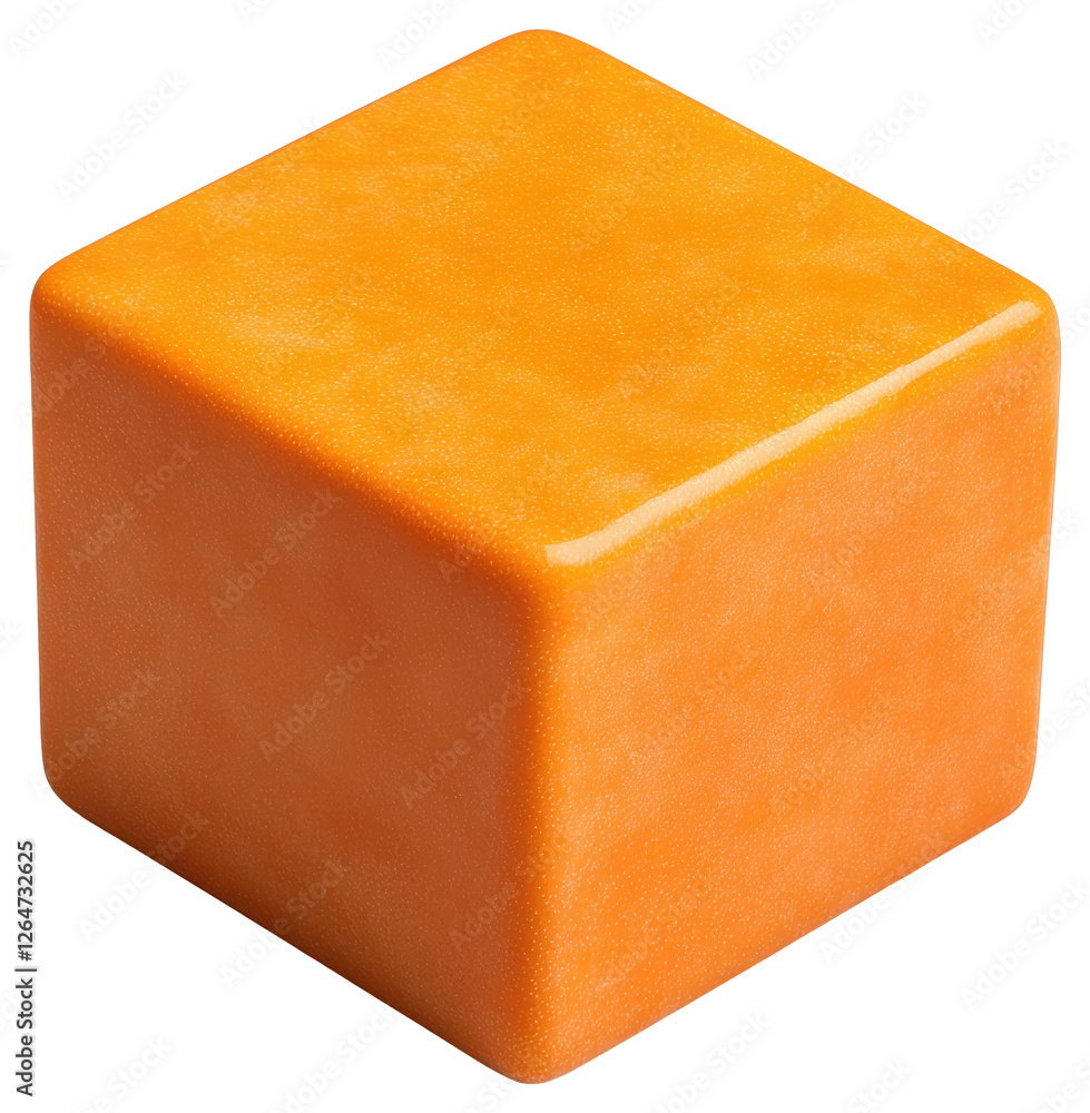 Poster isometric view of a single glossy orange cube against a transparent background