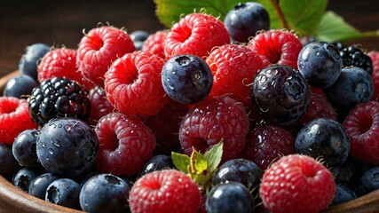 Fresh berries, mixed berries bowl, raspberries, blueberries, blackberries, organic fruit, healthy snack, antioxidant-rich food, summer berries
