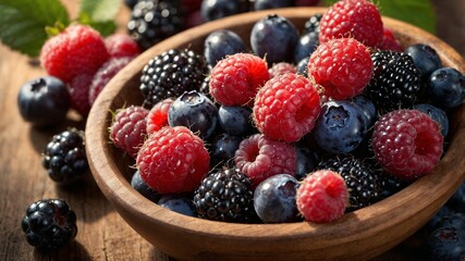 Fresh berries, mixed berries bowl, raspberries, blueberries, blackberries, organic fruit, healthy snack, antioxidant-rich food, summer berries