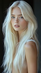 Fototapeta premium Portrait of a young woman with long blonde hair, softly lit, conveying a serene expression