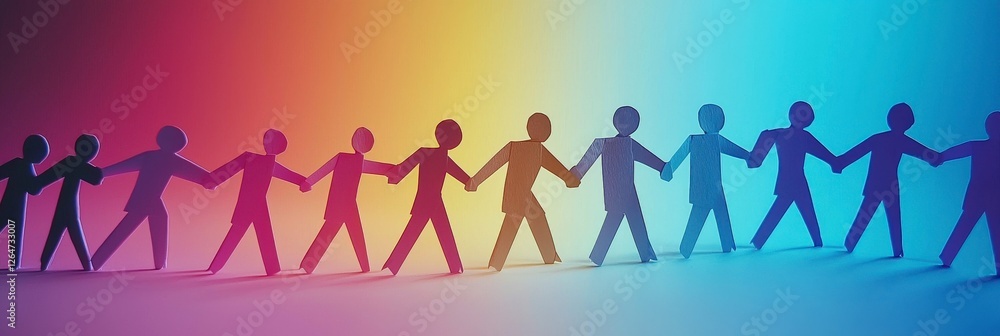 Poster a visually engaging representation of diverse paper figures joining hands, illustrating themes of un
