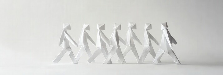 Fototapeta premium A simplistic yet powerful depiction of paper figures walking together, representing movement, unity, and a journey of collaboration in an artistic and modern design.