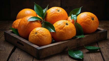 Fresh oranges, ripe citrus fruit, organic tangerines, wooden crate of oranges, natural fruit arrangement, rustic citrus display, healthy vitamin C source, farm-fresh oranges, vibrant orange color