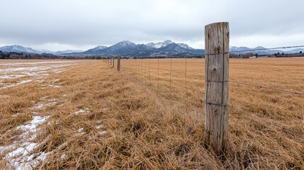 Winter field, fence, mountains, cloudy sky; landscape photography