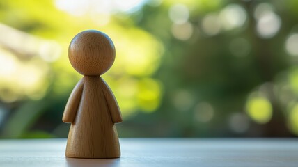 Wooden figure in nature bokeh background