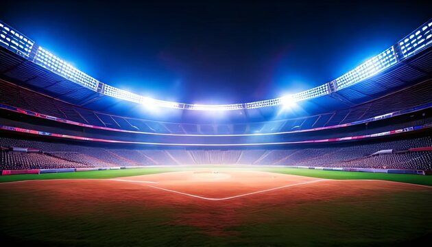 Illuminated baseball stadium at night, with bright floodlights casting a dramatic glow over the field, creating an electrifying atmosphere ready for an intense game.


