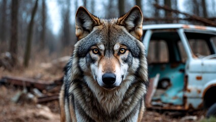 Obraz premium Regal wolf gazing fiercely amidst abandoned vehicle