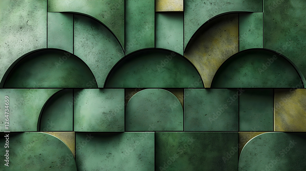 Poster a textured, abstract design featuring green geometric shapes, including arches and rectangles, creat
