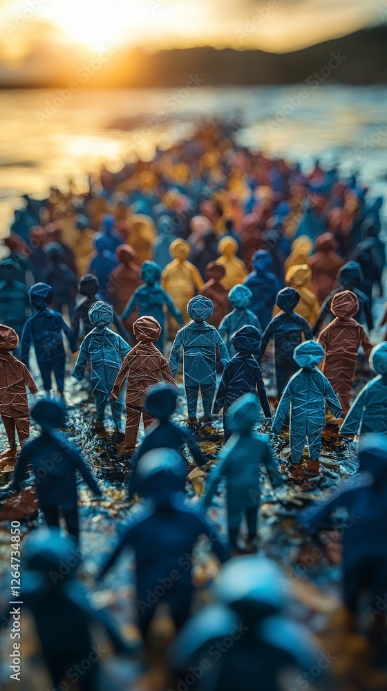 Poster this dynamic image showcases a vibrant crowd of colorful paper figures, illustrating movement and en