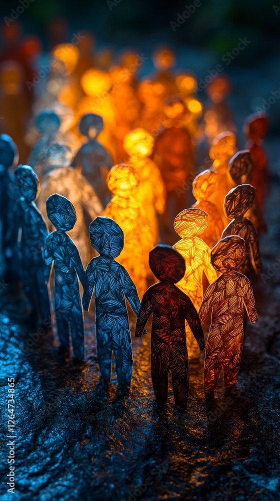 Poster the image features illuminated paper figures against a dark backdrop, emphasizing the contrast betwe