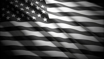 Waving black and white American flag on a black background, representing the USA in a striking monochrome design.