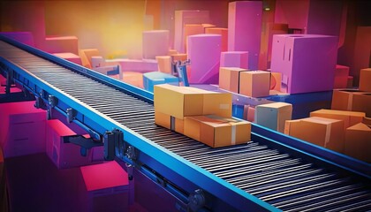 Futuristic automated conveyor system transporting packages through a high-tech, neon-lit logistics hub, symbolizing advanced supply chain technology and efficient delivery.

