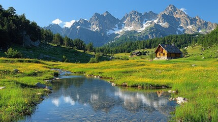 Fototapeta premium Scenic mountain landscape with a tranquil river, vibrant wildflowers, and a cozy cabin under blue skies