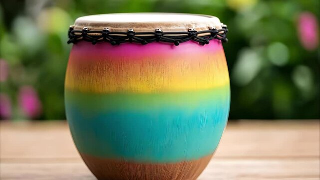 A colorful drum with a vibrant gradient of pink, blue, and yellow, featuring a traditional drumhead and decorative lacing.