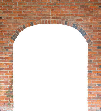 An arch in a red brick wall during the renovation of a farm building with signs of having been repointed and a transparent background