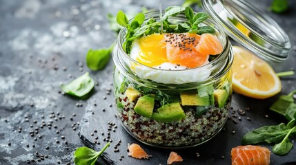 Healthy quinoa salad with fresh ingredients served in a glass jar at a modern kitchen