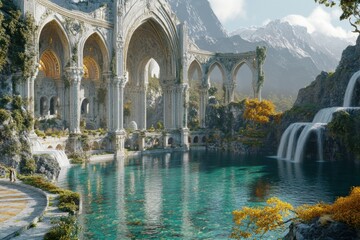 Elven City: A Majestic Marble Architectural Masterpiece with Arches, Waterfalls, and Lush Vegetation