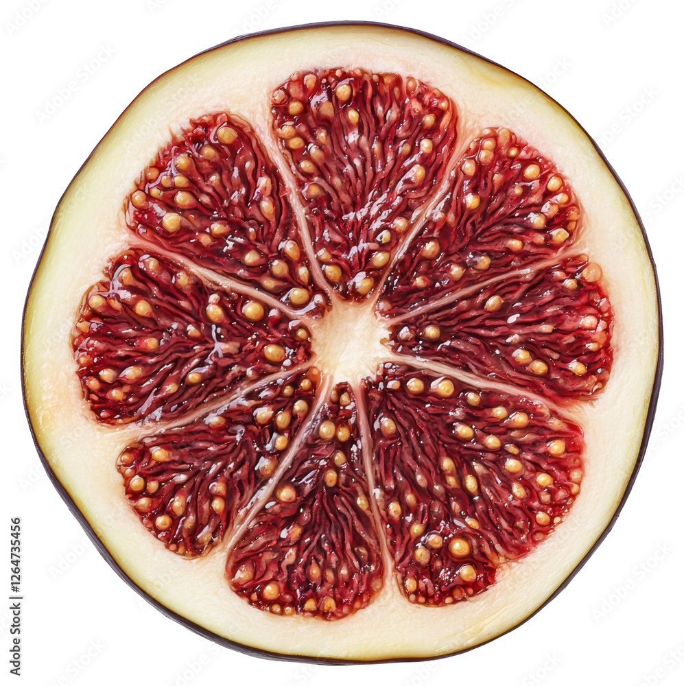 Poster macro close up of a red fig cross section with juicy seeds on transparent background