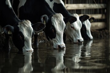 Black and white cows drinking water by wooden fence in tranquil rural setting