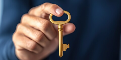 financial success prosperity mindset concept. Golden key held in hand, symbolizing access and opportunity.