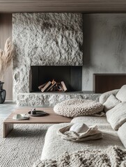 Cozy living room featuring a stone fireplace and plush textures