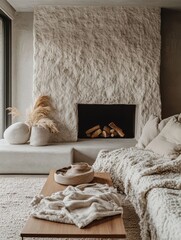 Stylish living room features a stone fireplace and cozy textures