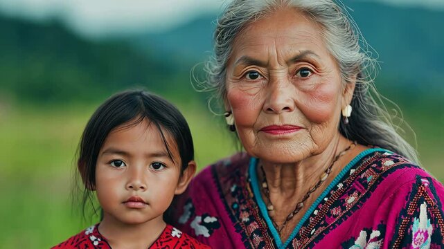 Grandmother Teaching Native Language to Granddaughter in Traditional Garb in Scenic Outdoor Setting with Cultural Heritage Theme