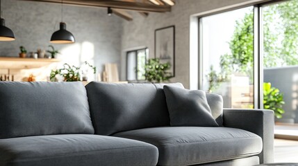 Modern grey sofa in sunlit apartment living room