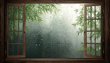 Calming view through an open wooden window frame revealing delicate bamboo leaves gently swaying against a misty, rain-streaked glass background, evoking a peaceful, serene mood.

