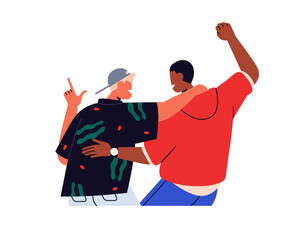Happy men friends dancing, hugging at festive disco party, view from back, behind. Young buddies celebrating, enjoying concert, fun, hangout. Flat vector illustration isolated on white background