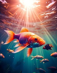 Fototapeta premium Stunning underwater scene featuring a vibrant, colorful goldfish gracefully swimming beneath shimmering sunlight rays penetrating crystal-clear water, surrounded by other aquatic life and lush marine 