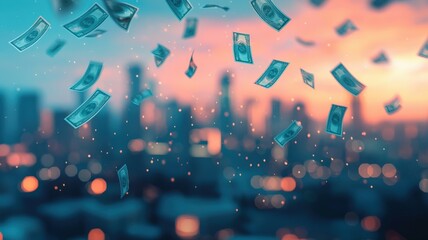 financial success prosperity mindset concept. Falling money against a colorful city skyline background.