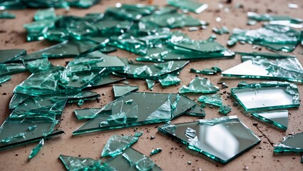 Fototapeta premium Shattered glass fragments littering concrete surface
