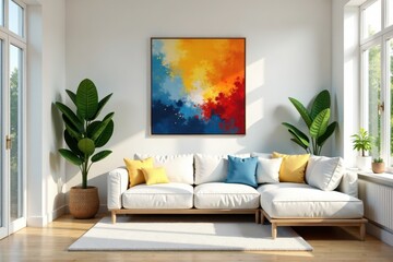 Bright airy living room, minimalist design, potted plants, abstract painting , calm, plants