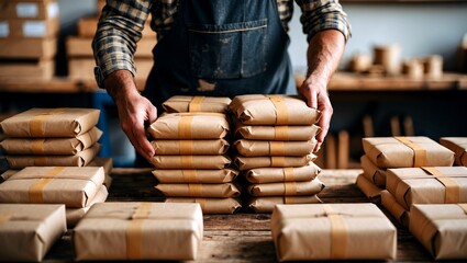 Skilled artisan neatly arranging packaged goods in workshop