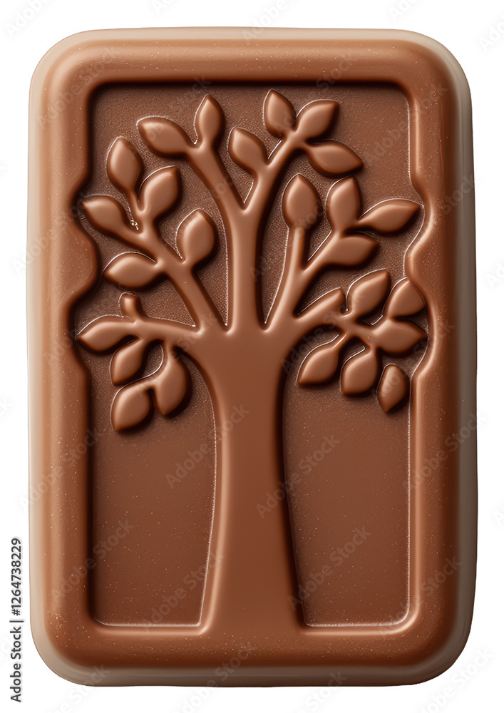Poster milk chocolate square with embossed tree on a transparent background