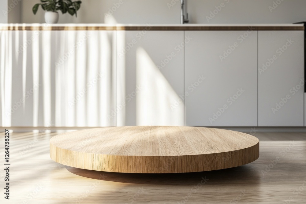 Poster sunlight streams through a spacious kitchen, casting gentle shadows on a beautiful round wooden tabl
