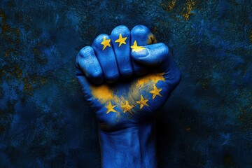 Fist painted with european union flag colors represents unity and strength